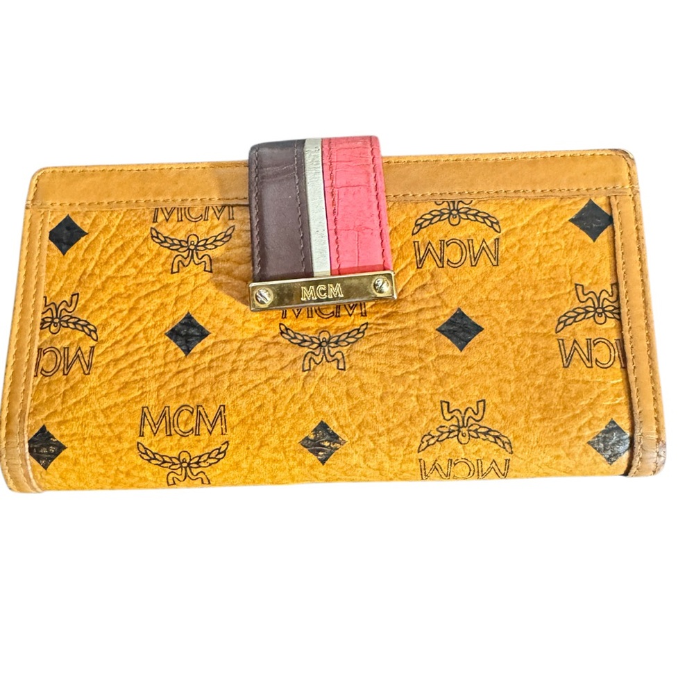 MCM Visetos Long Wallet Cognac Pink Stripe Gold Hardware Authentic